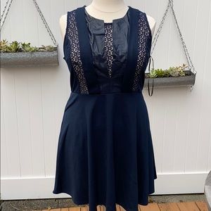 Faux Leather Detail Navy A line Dress